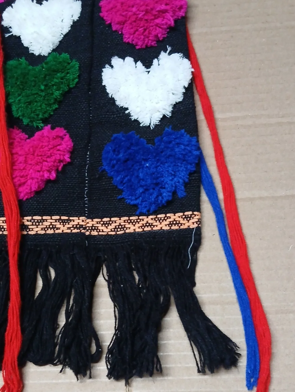 Boho Woven Fabric Hobo Shoulder Bag Black Fringe w/ Multicolor Fuzzy Hearts